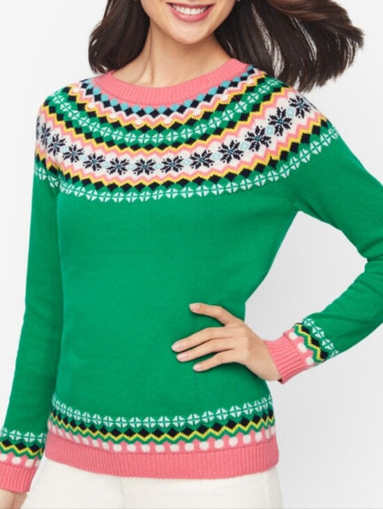 Talbots Sweaters - Talbots Green Fair Isle Crewneck Sweater with Pink Trim Size Small